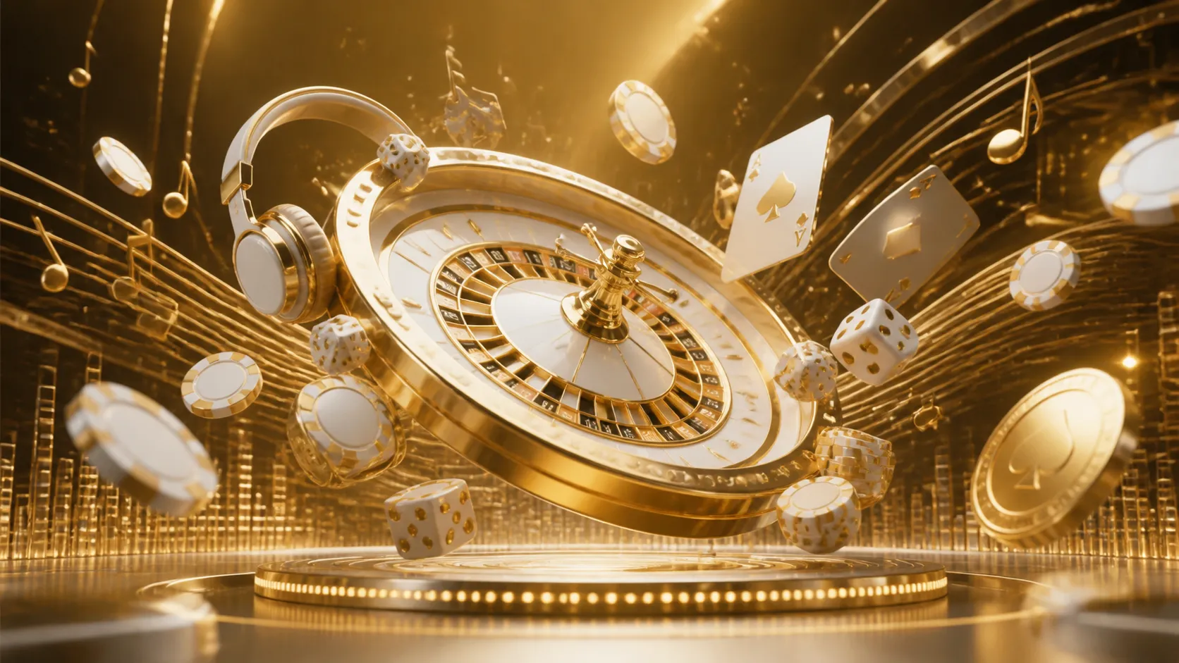A luxury-themed Winbeatz casino banner featuring holographic poker chips, vibrant neon dice, and a roulette wheel, all on a f